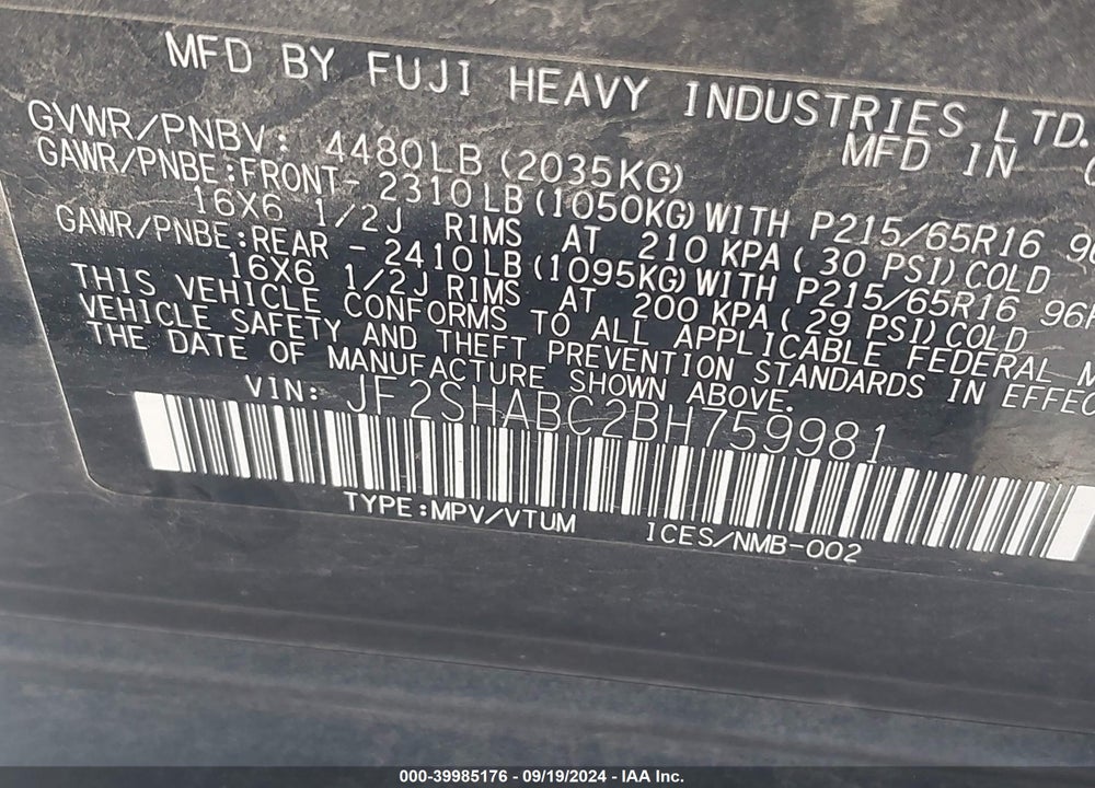 2011 SUBARU FORESTER 2.5X VIN: JF2SHABC2BH759981