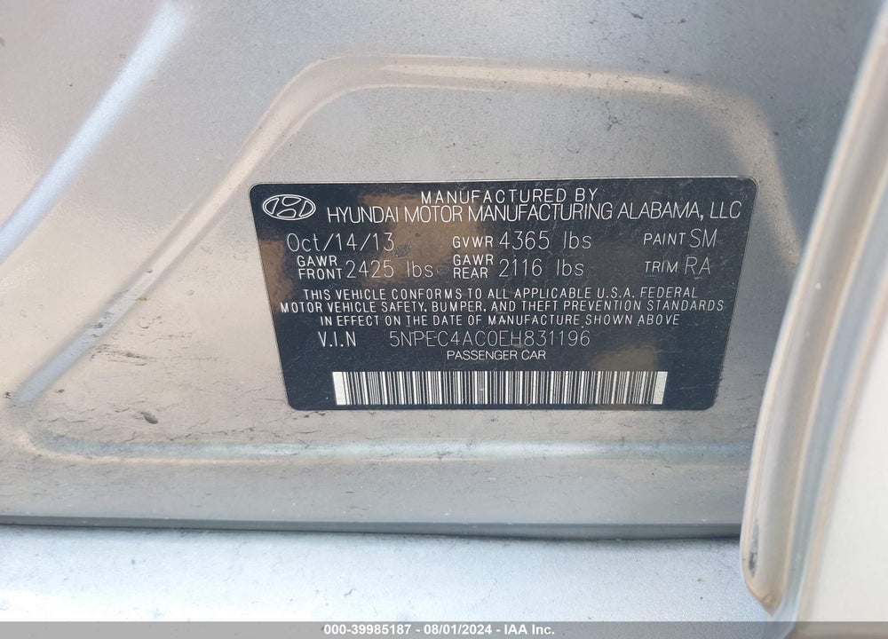 2014 HYUNDAI SONATA SE VIN: 5NPEC4AC0EH831196