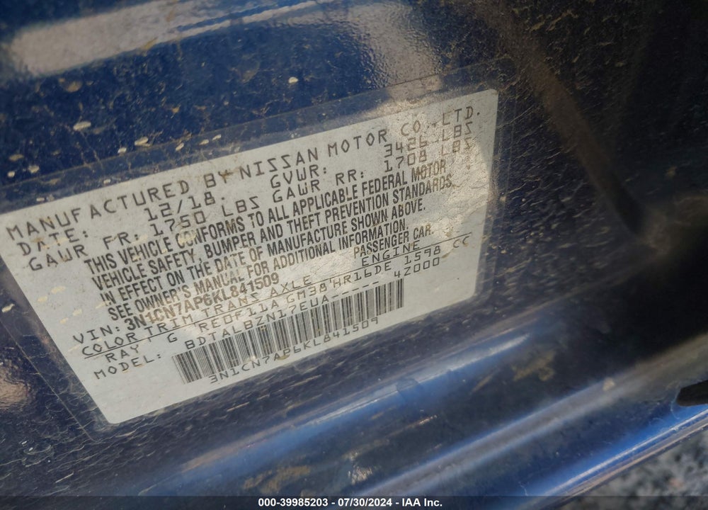 2019 NISSAN VERSA 1.6 SV VIN: 3N1CN7AP6KL841509