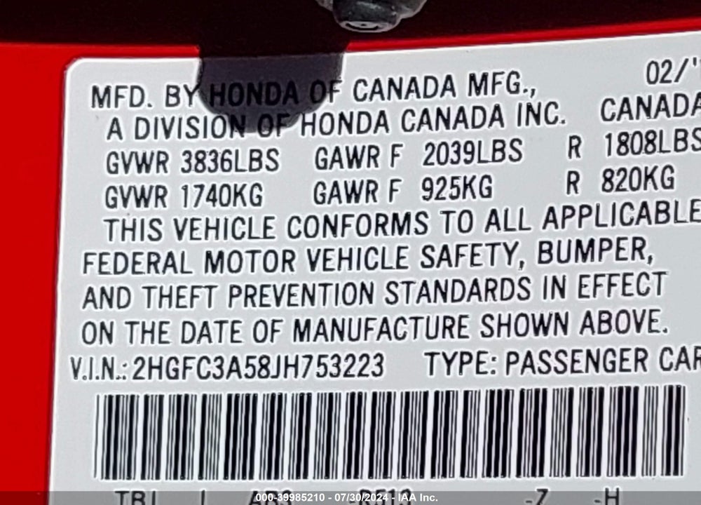 2018 HONDA CIVIC SI VIN: 2HGFC3A58JH753223