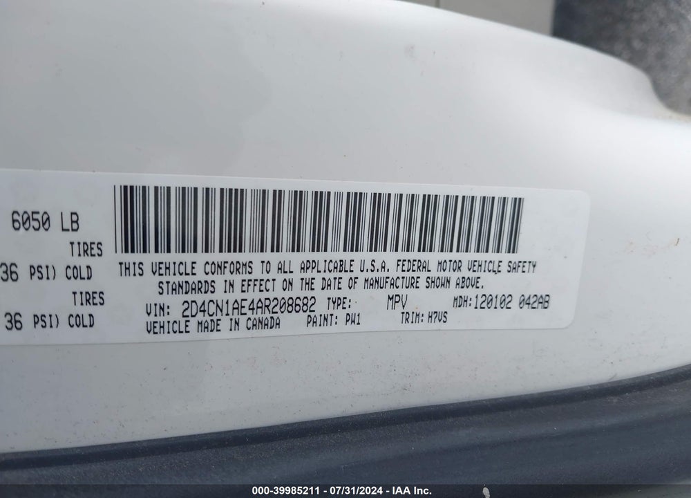 2010 DODGE GRAND CARAVAN C/V VIN: 2D4CN1AE4AR208682