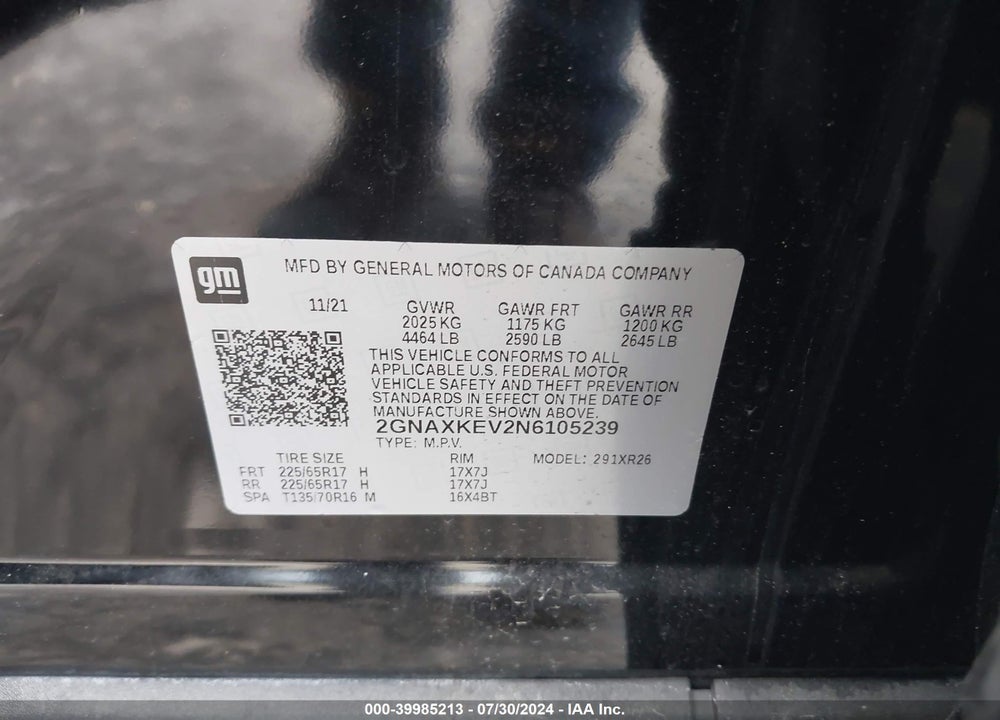 2022 CHEVROLET EQUINOX FWD LT VIN: 2GNAXKEV2N6105239