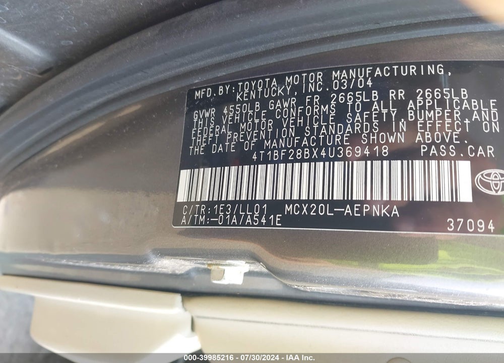 2004 TOYOTA AVALON XL/XLS VIN: 4T1BF28BX4U369418