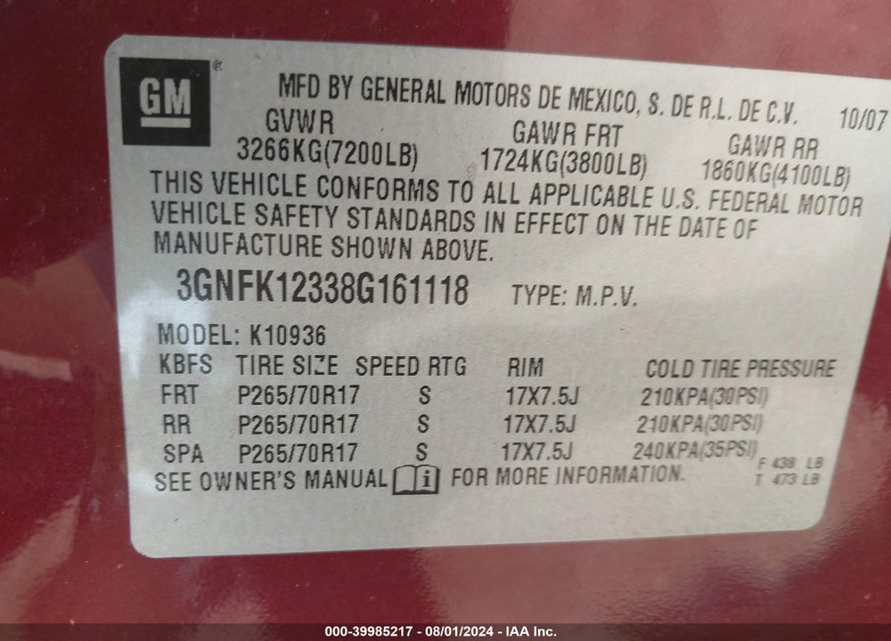 2008 CHEVROLET AVALANCHE 1500 LT VIN: 3GNFK12338G161118
