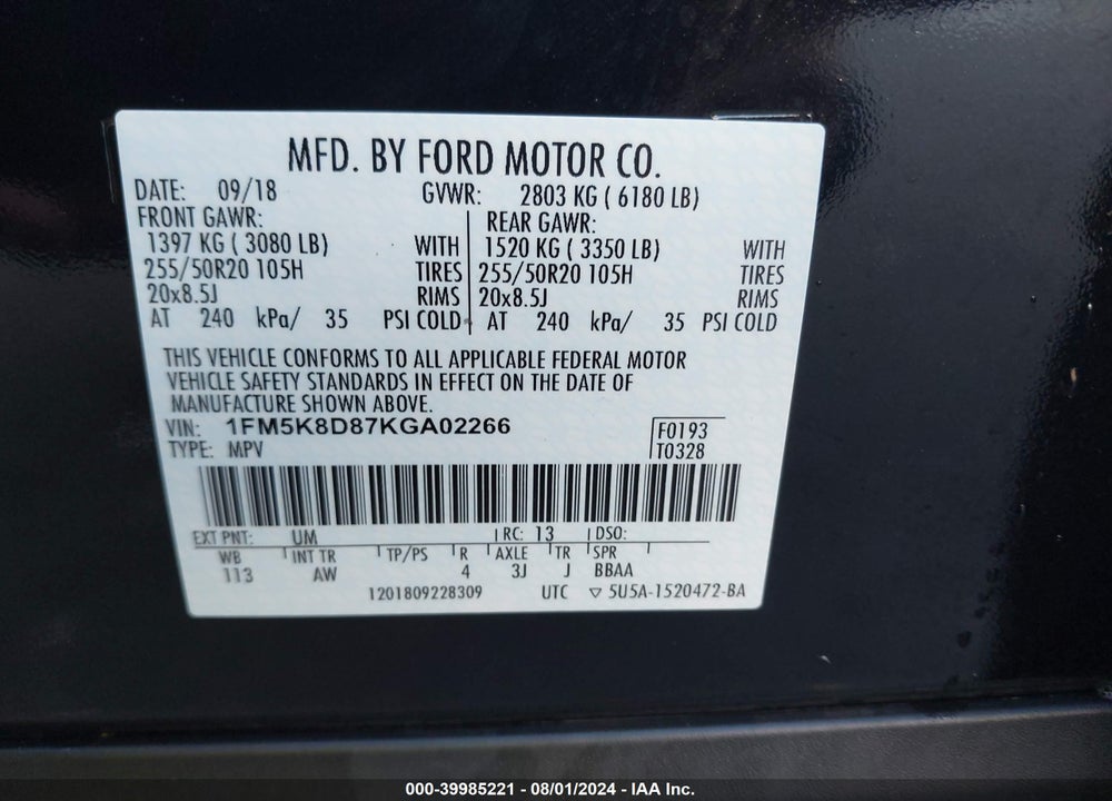 2019 FORD EXPLORER XLT VIN: 1FM5K8D87KGA02266