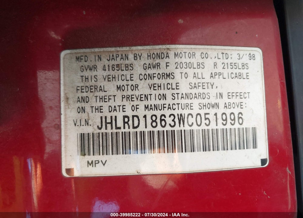 1998 HONDA CR-V EX VIN: JHLRD1863WC051996