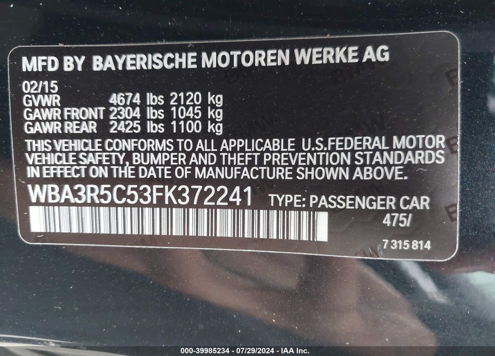 2015 BMW 435I XDRIVE VIN: WBA3R5C53FK372241