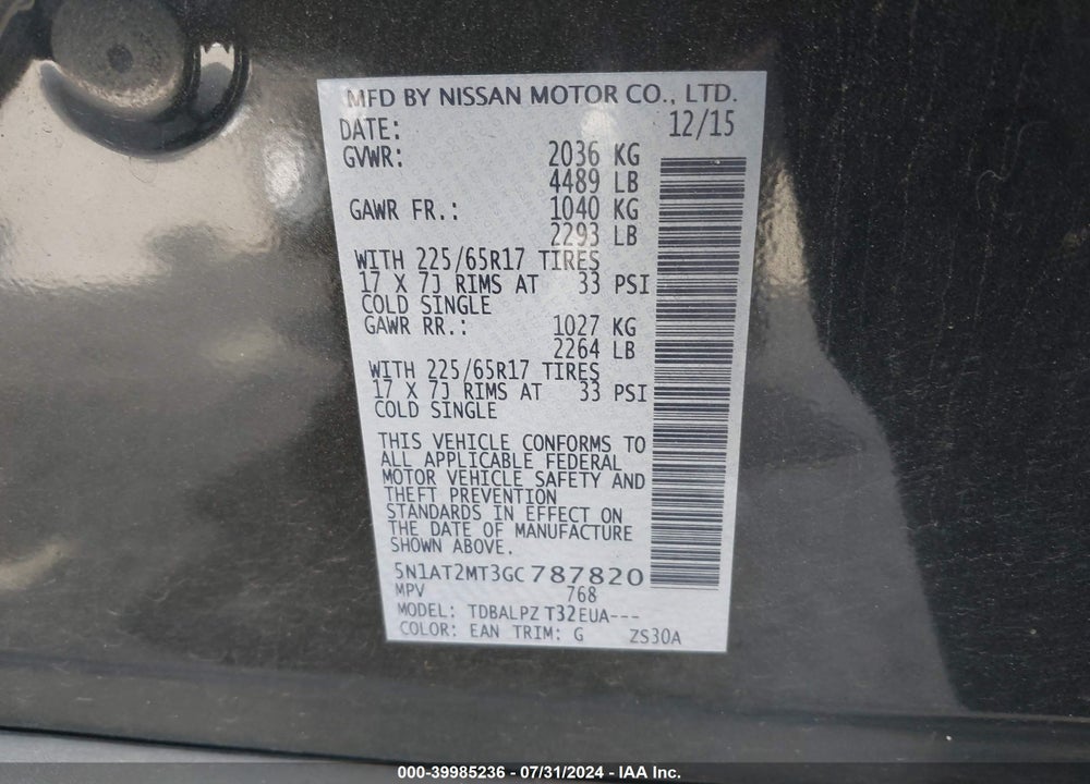 2016 NISSAN ROGUE S VIN: 5N1AT2MT3GC787820