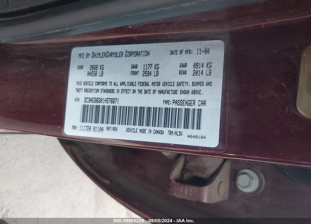 2001 CHRYSLER 300M VIN: 2C3AE66G01H576671