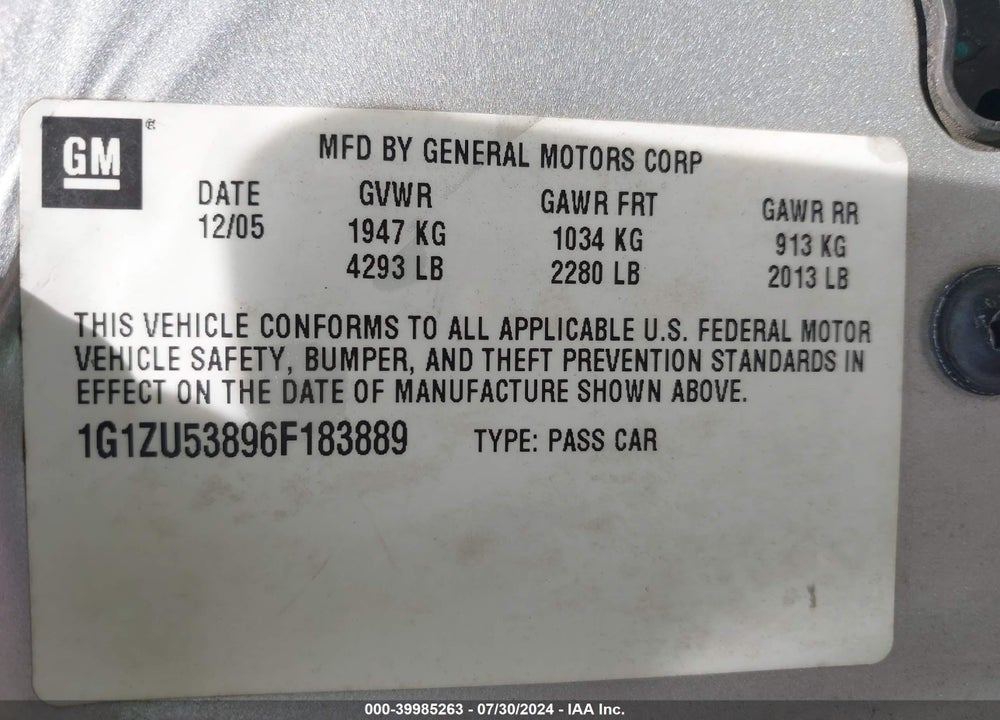 2006 CHEVROLET MALIBU LTZ VIN: 1G1ZU53896F183889