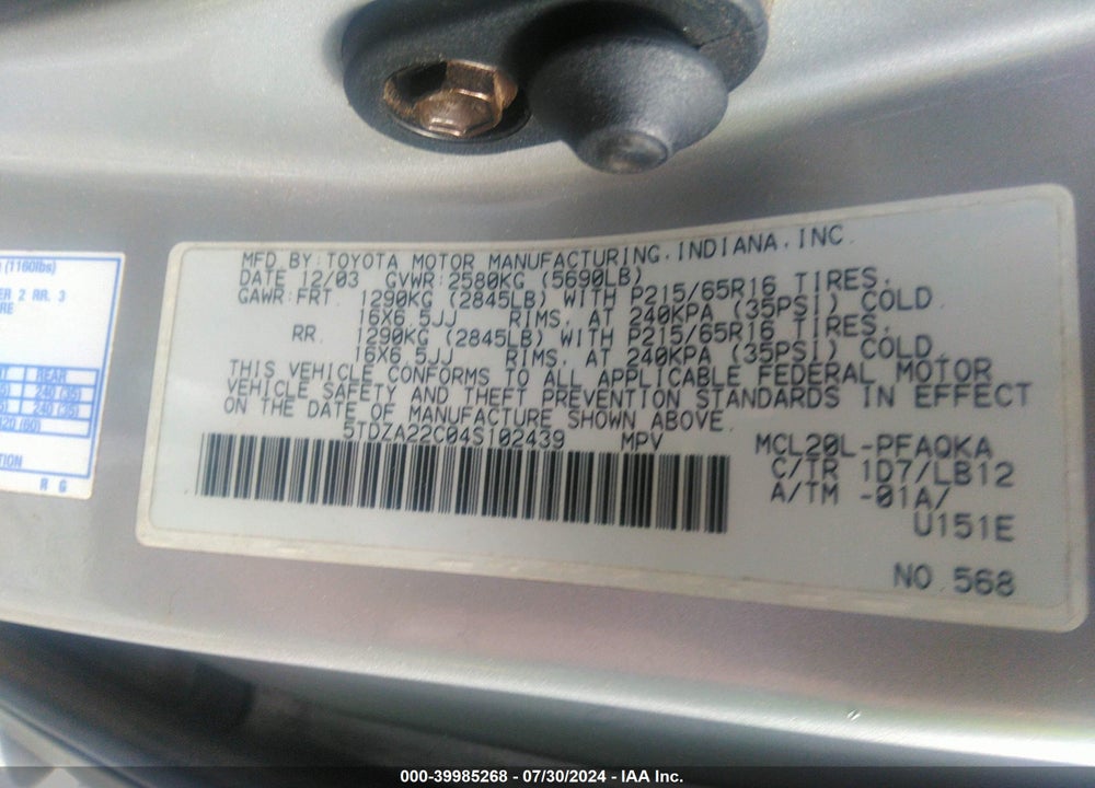 2004 TOYOTA SIENNA XLE VIN: 5TDZA22C04S102439
