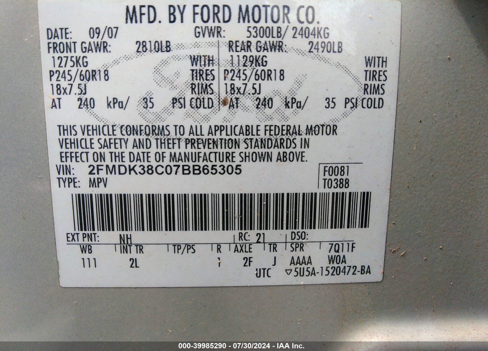 2007 FORD EDGE VIN: 2FMDK38C07BB65305