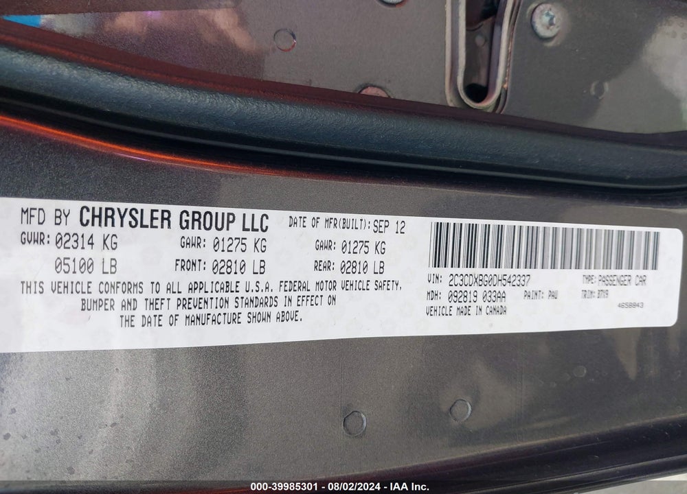 2013 DODGE CHARGER SE VIN: 2C3CDXBG0DH542337