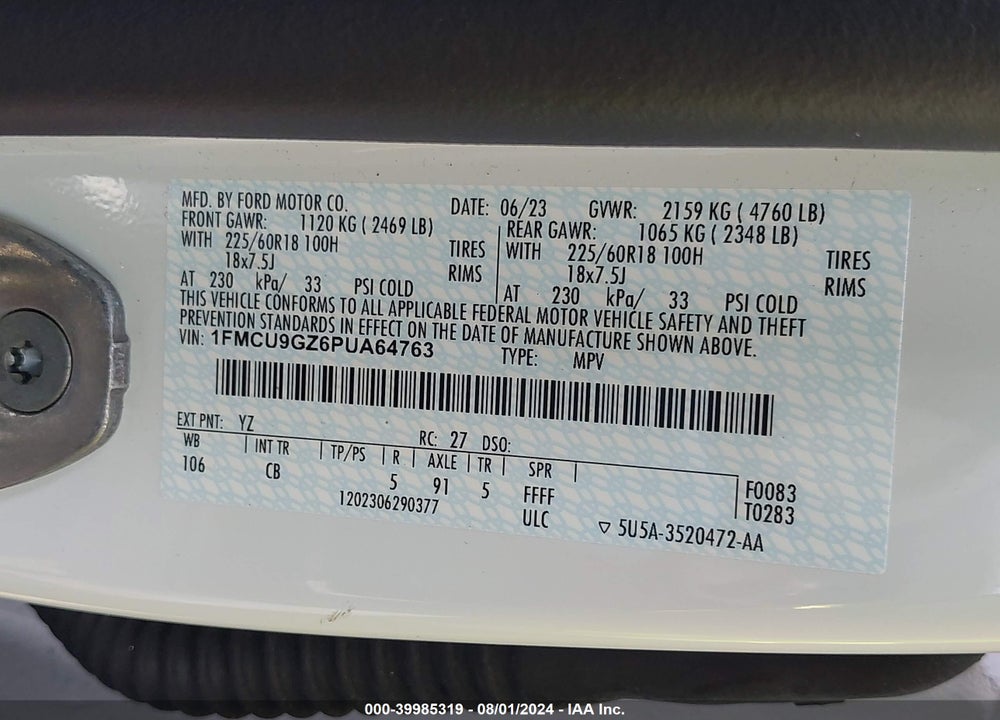 2023 FORD ESCAPE ACTIVE VIN: 1FMCU9GZ6PUA64763