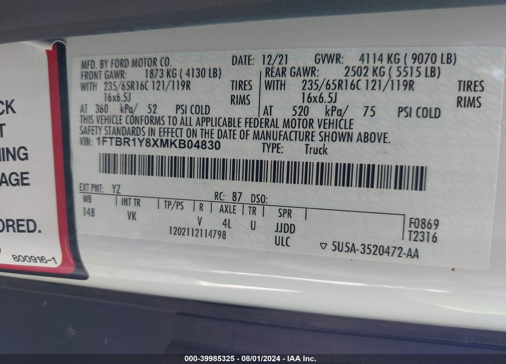2021 FORD TRANSIT-250 VIN: 1FTBR1Y8XMKB04830