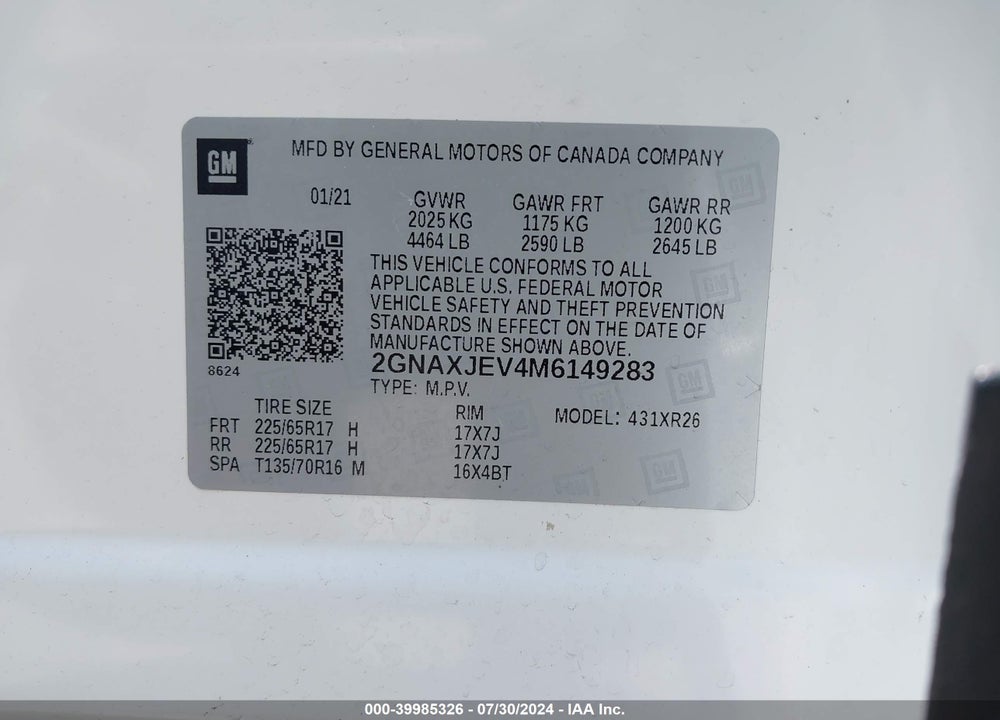 2021 CHEVROLET EQUINOX VIN: 2GNAXJEV4M6149283