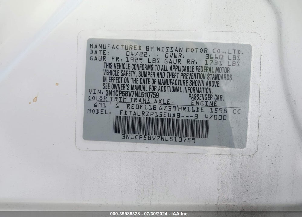 2022 NISSAN KICKS VIN: 3N1CP5BV7NL510759