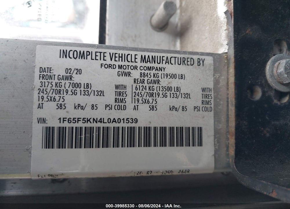 2020 FORD F-59 COMMERCIAL STRIPPED VIN: 1F65F5KN4L0A01539