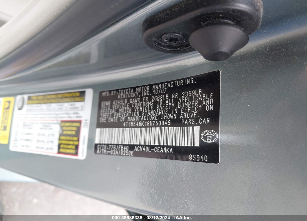 2008 TOYOTA CAMRY VIN: 4T1BE46K18U753949