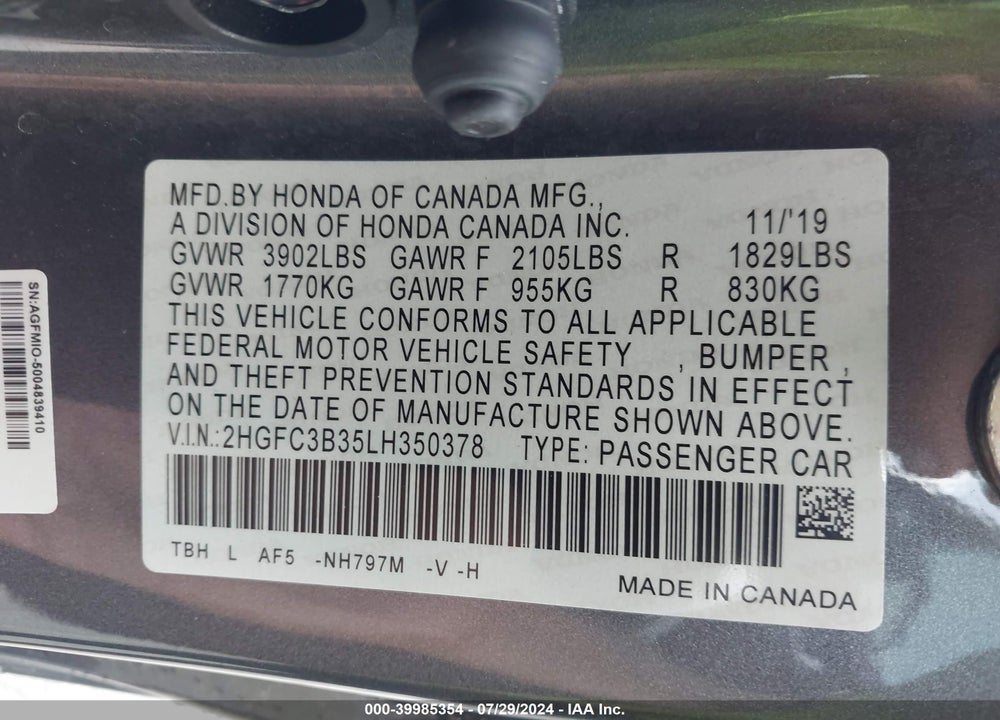 2020 HONDA CIVIC EX VIN: 2HGFC3B35LH350378