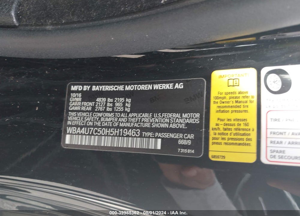 2017 BMW 430I VIN: WBA4U7C50H5H19463