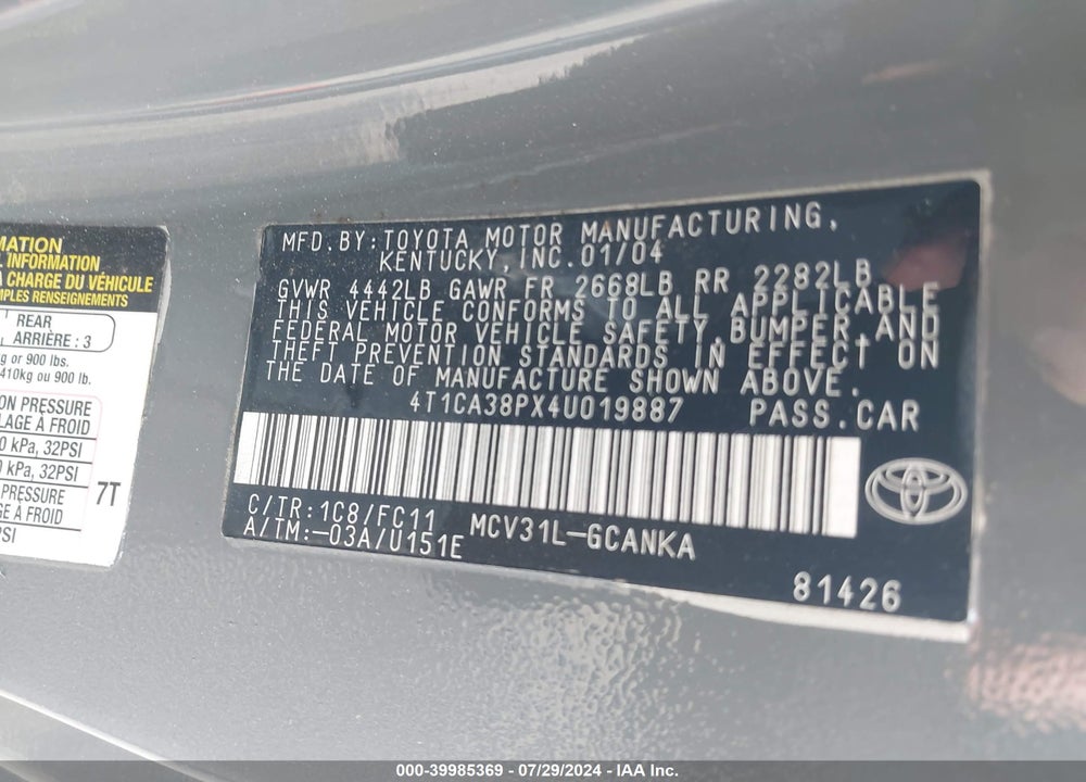 2004 TOYOTA CAMRY SOLARA SE SPORT V6 VIN: 4T1CA38PX4U019887