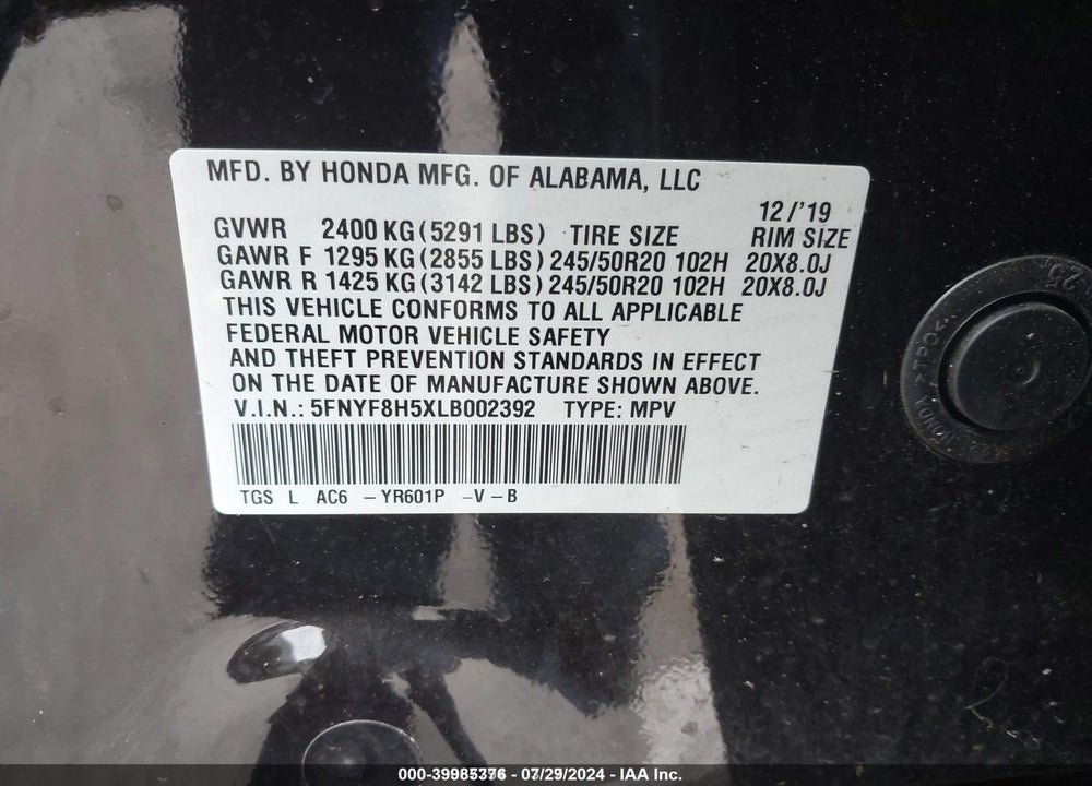 2020 HONDA PASSPORT AWD EX-L VIN: 5FNYF8H5XLB002392