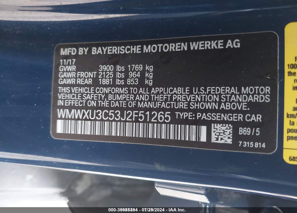 2018 MINI HARDTOP COOPER S VIN: WMWXU3C53J2F51265