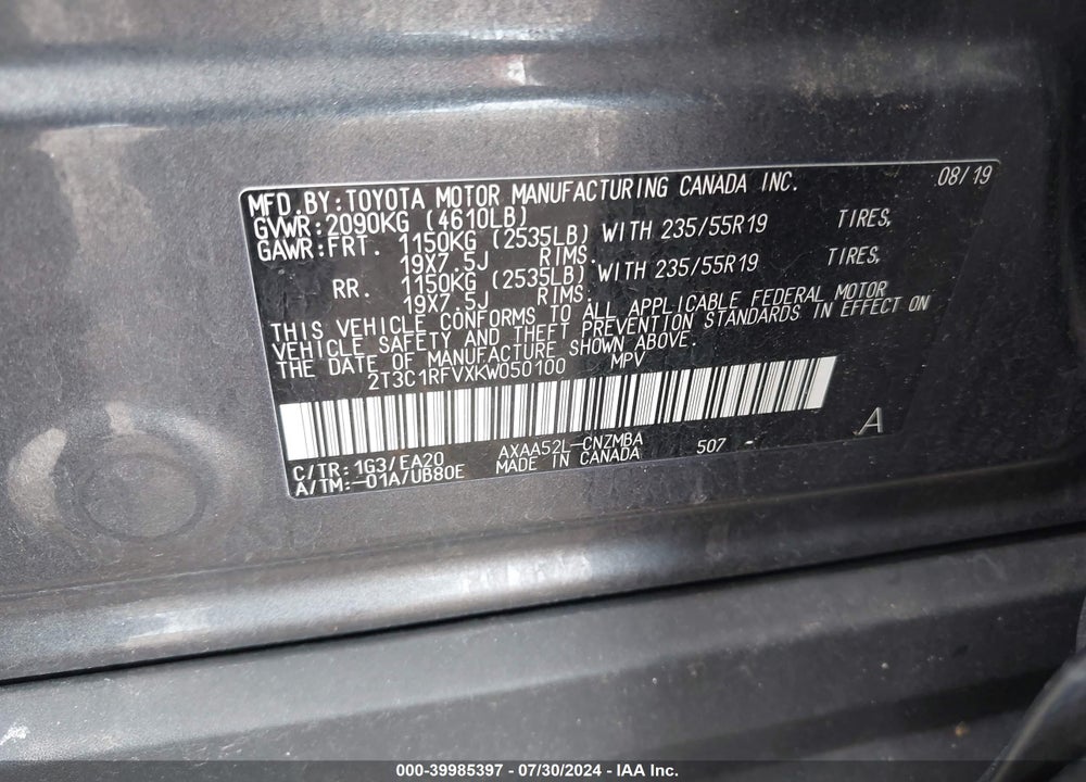 2019 TOYOTA RAV4 XLE PREMIUM VIN: 2T3C1RFVXKW050100