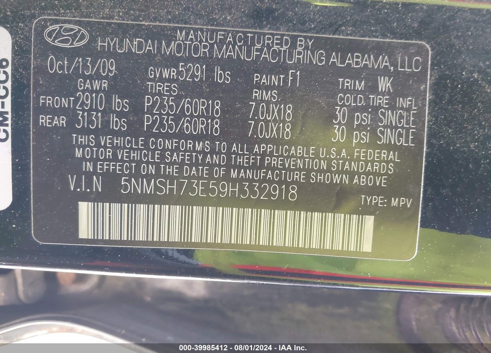 2009 HYUNDAI SANTA FE LIMITED VIN: 5NMSH73E59H332918