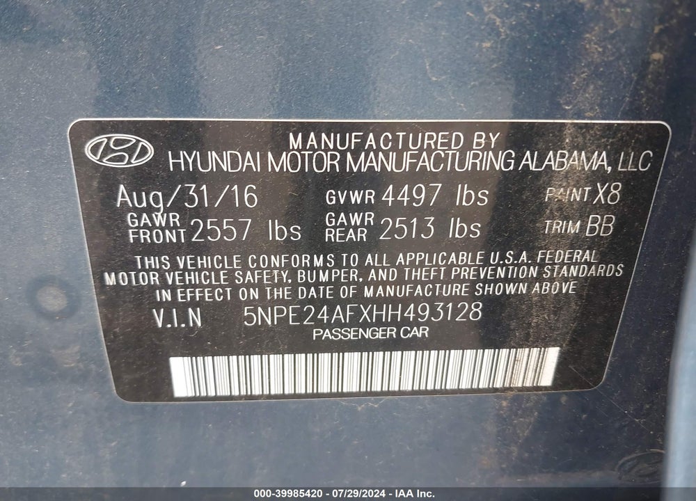 2017 HYUNDAI SONATA VIN: 5NPE24AFXHH493128