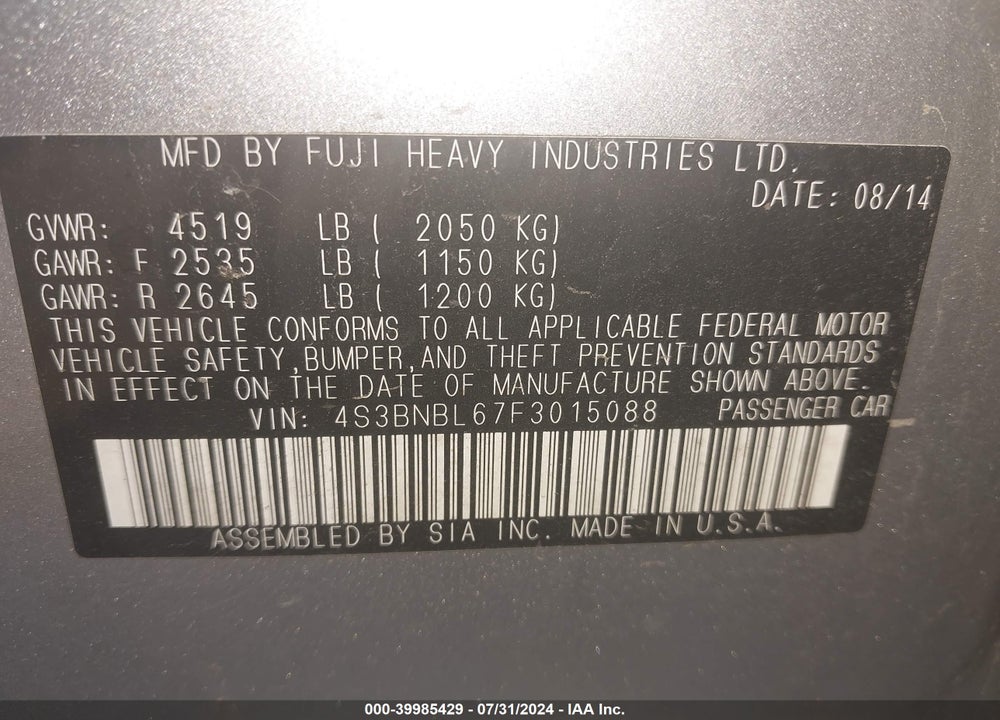 2015 SUBARU LEGACY 2.5I LIMITED VIN: 4S3BNBL67F3015088