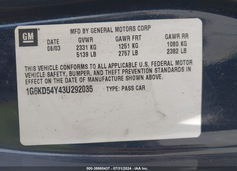 2003 CADILLAC DEVILLE STANDARD VIN: 1G6KD54Y43U292035