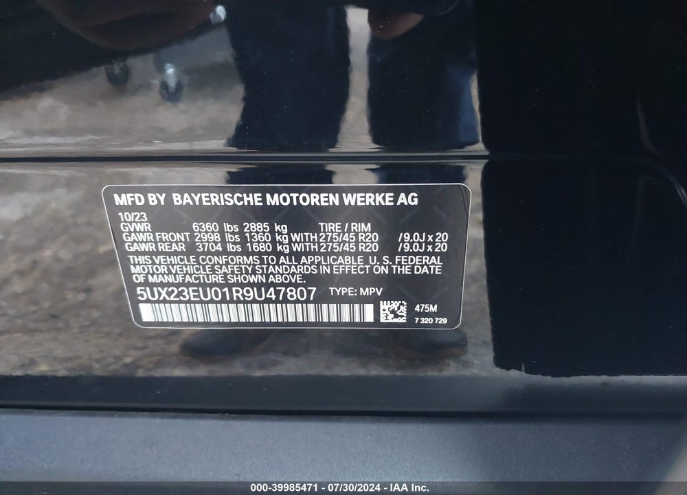 2024 BMW X5 XDRIVE40I VIN: 5UX23EU01R9U47807