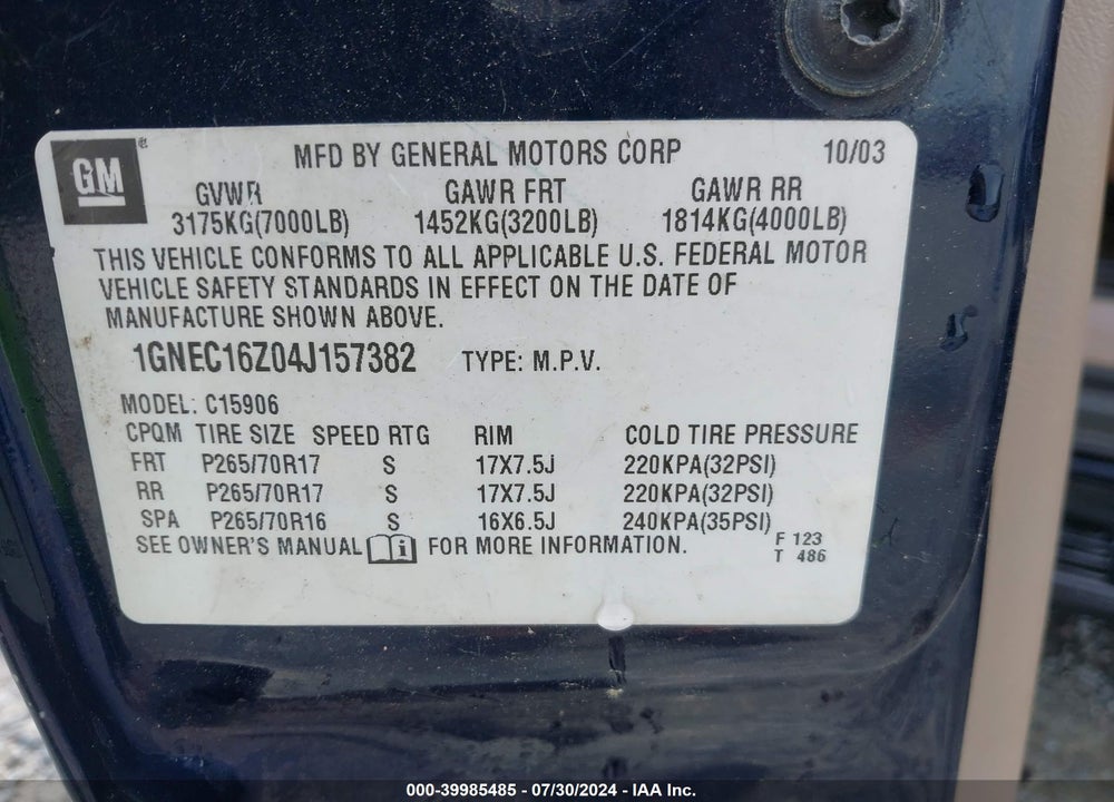 2004 CHEVROLET SUBURBAN 1500 LT VIN: 1GNEC16Z04J157382