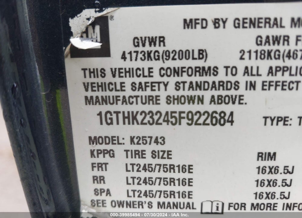 2005 GMC SIERRA 2500HD SLT VIN: 1GTHK23245F922684