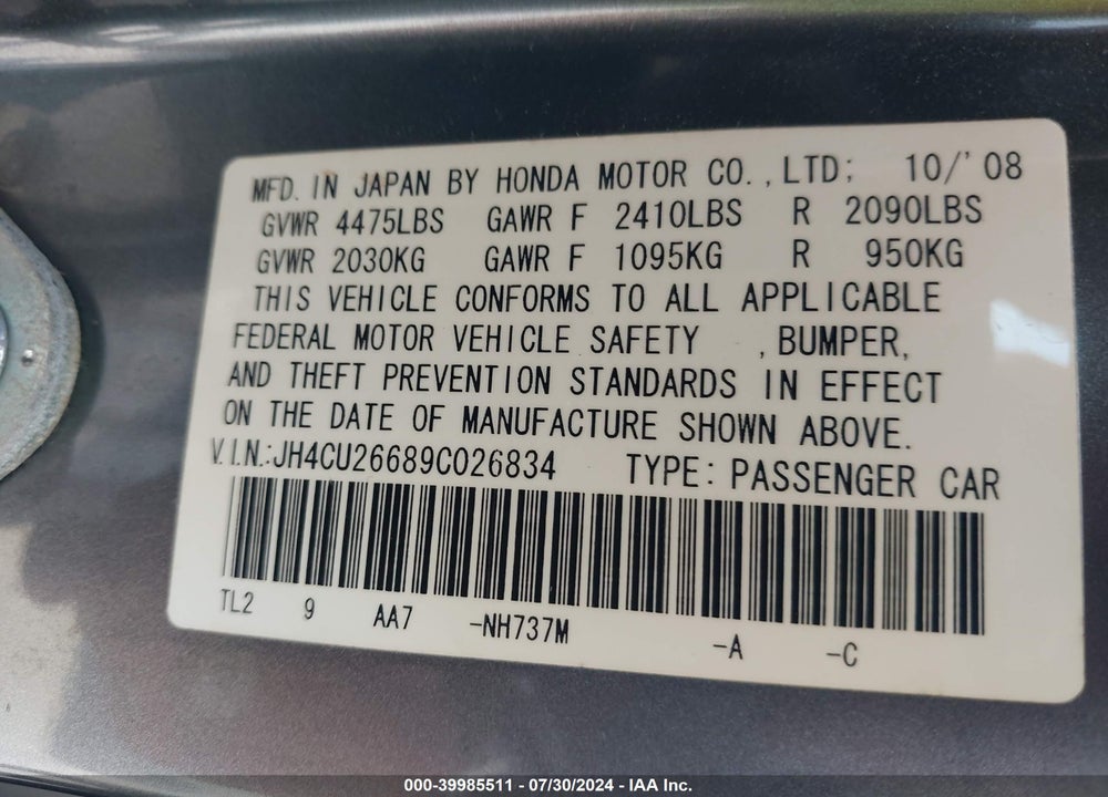 2009 ACURA TSX VIN: JH4CU26689C026834