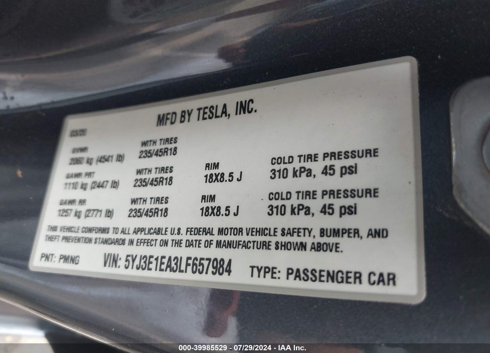 2020 TESLA MODEL 3 STANDARD RANGE PLUS REAR-WHEEL DRIVE/STANDARD RANGE REAR-WHEEL DRIVE VIN: 5YJ3E1EA3LF657984