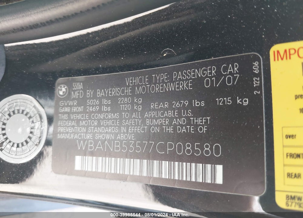 2007 BMW 550I VIN: WBANB53577CP08580