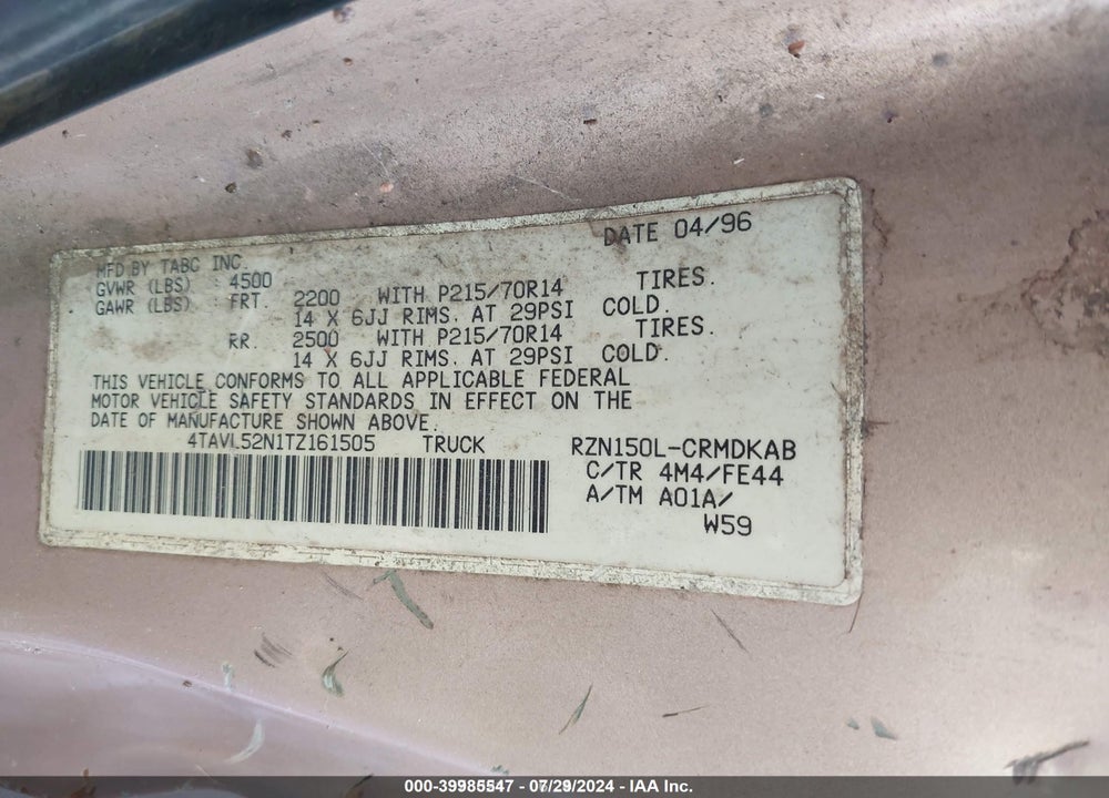 1996 TOYOTA TACOMA XTRACAB VIN: 4TAVL52N1TZ161505