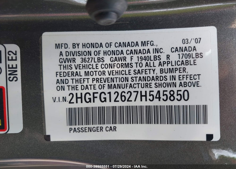 2007 HONDA CIVIC LX VIN: 2HGFG12627H545850