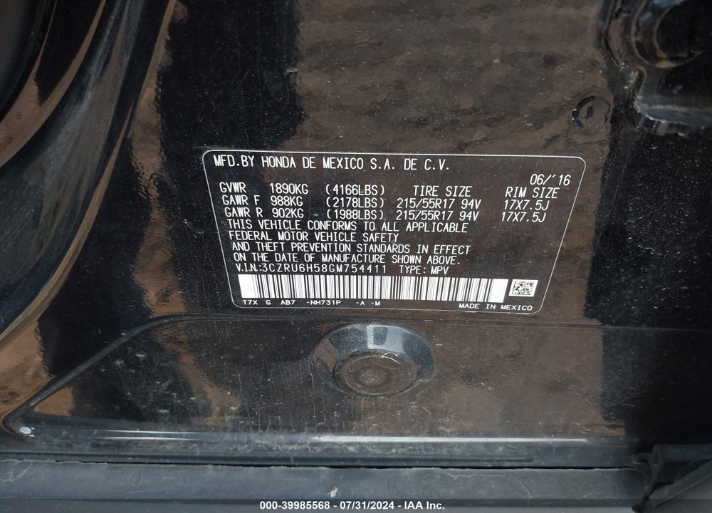 2016 HONDA HR-V EX VIN: 3CZRU6H58GM754411