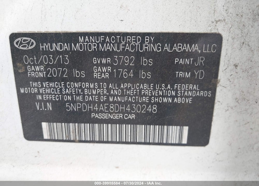 2013 HYUNDAI ELANTRA GLS VIN: 5NPDH4AE8DH430248