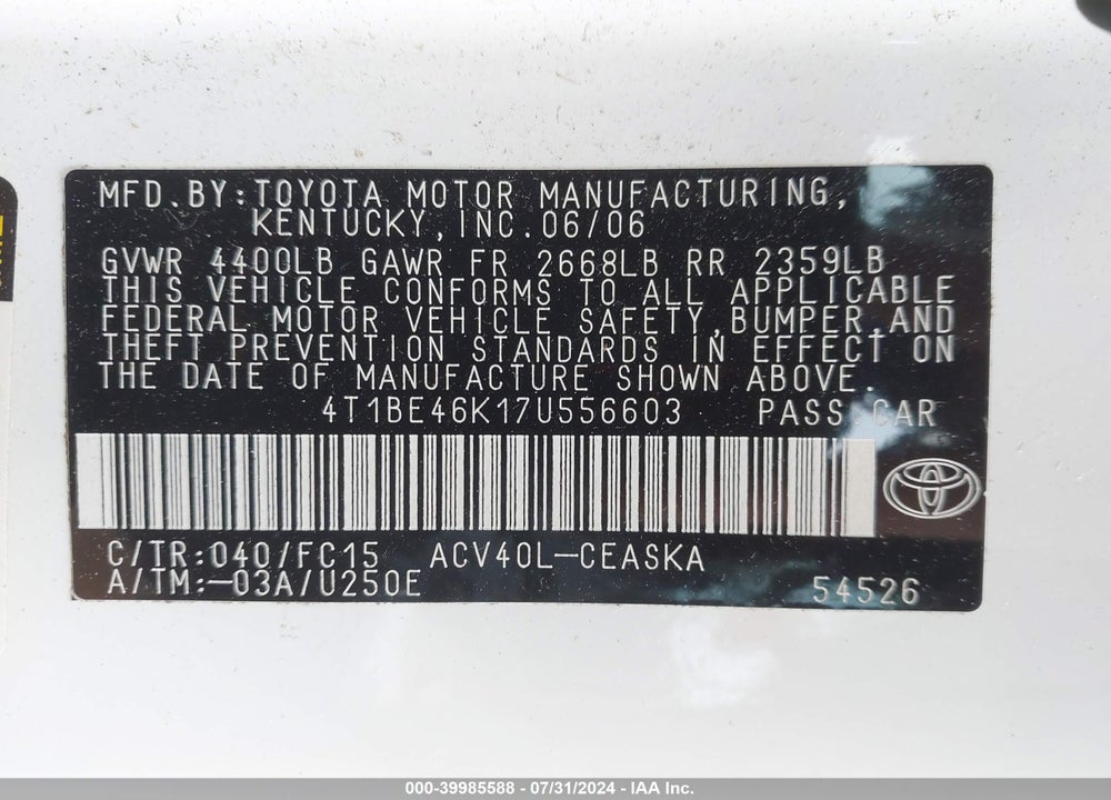 2007 TOYOTA CAMRY SE VIN: 4T1BE46K17U556603