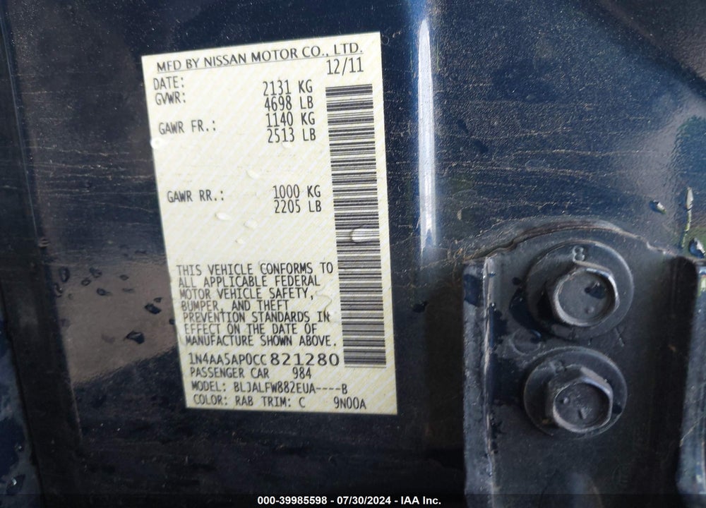 2012 NISSAN MAXIMA 3.5 SV VIN: 1N4AA5AP0CC821280