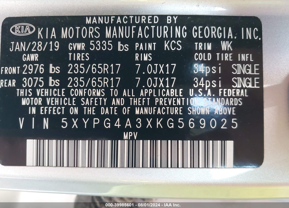 2019 KIA SORENTO 2.4L LX VIN: 5XYPG4A3XKG569025