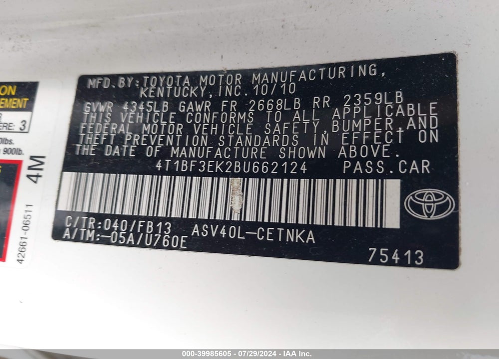 2011 TOYOTA CAMRY LE VIN: 4T1BF3EK2BU662124
