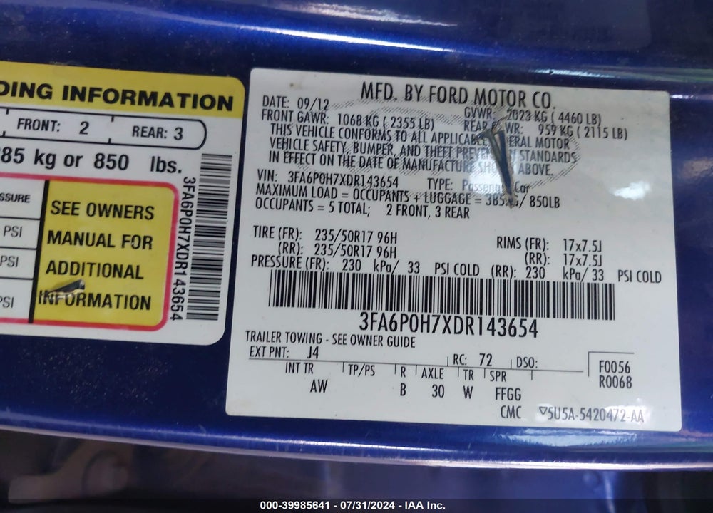 2013 FORD FUSION SE VIN: 3FA6P0H7XDR143654