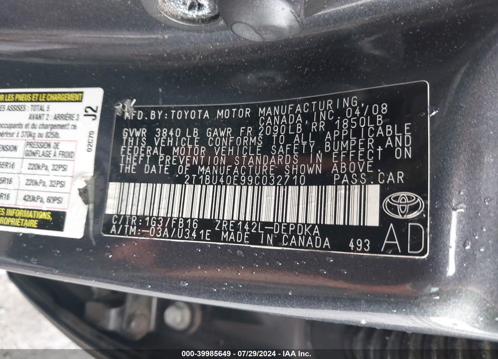 2009 TOYOTA COROLLA LE VIN: 2T1BU40E99C032710