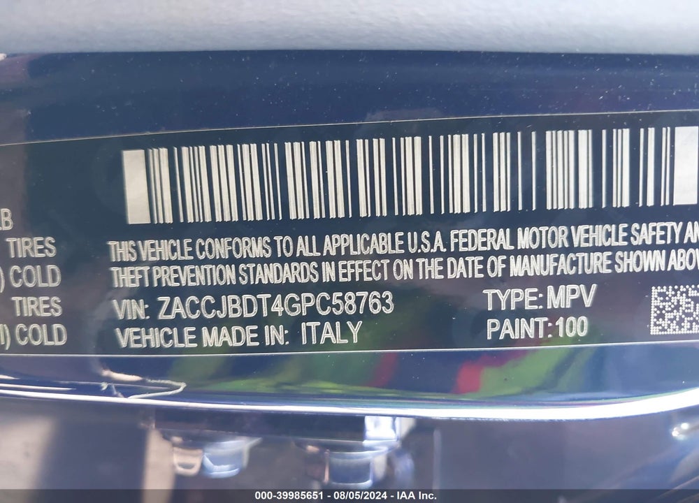 2016 JEEP RENEGADE LIMITED VIN: ZACCJBDT4GPC58763
